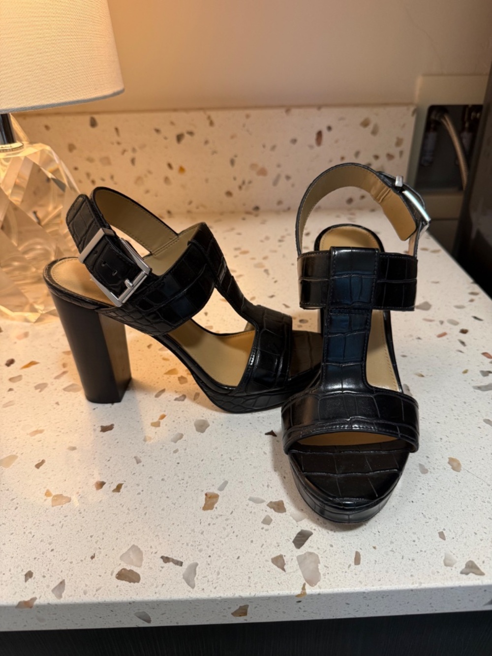 Michael Kors Black Platform Alligator Print Sandals - Picture 3 of 3